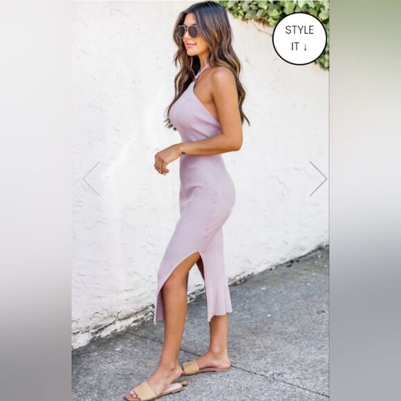 NWOT - Pink Lily Boutique Mauve Pink Ring Halter Ribbed Knit Midi Dress - Picture 3 of 5